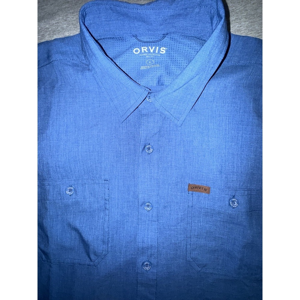 Orvis Blue Short Sleeve Shirt Men Size Large  Button Up Stretchy Lightweight